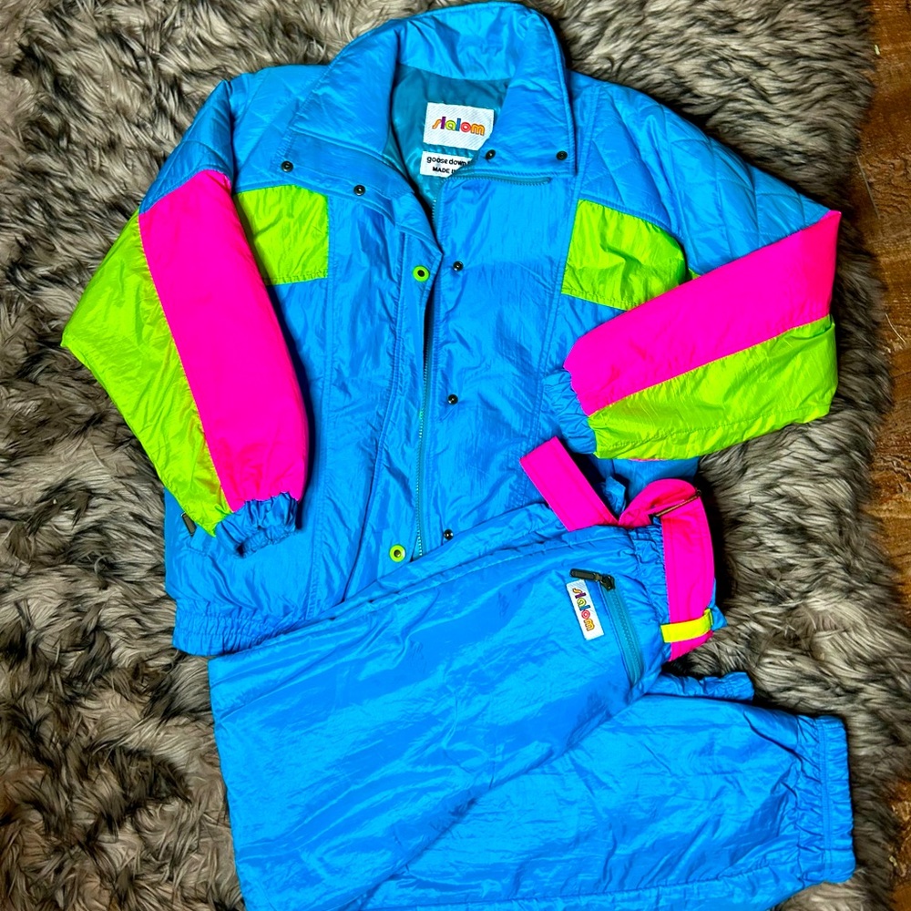 Slalom Vintage Ski Suit Women Neon Blue Pink Green Goose Down Puffer Set Good